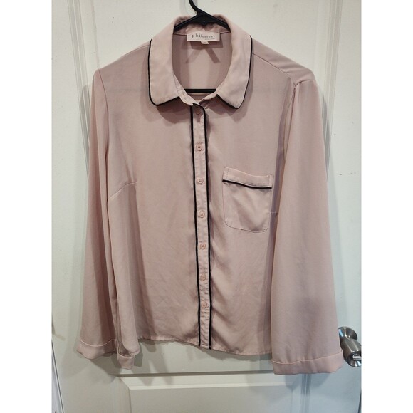Women's Philosophy Bell Sleeve Sheer Blouse Pink Black Trim Medium - Picture 1 of 6